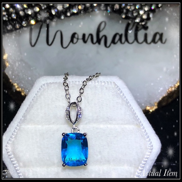 925 silver emerald cut aquamarine London blue topaz sim diamond pave necklace - Picture 3 of 5